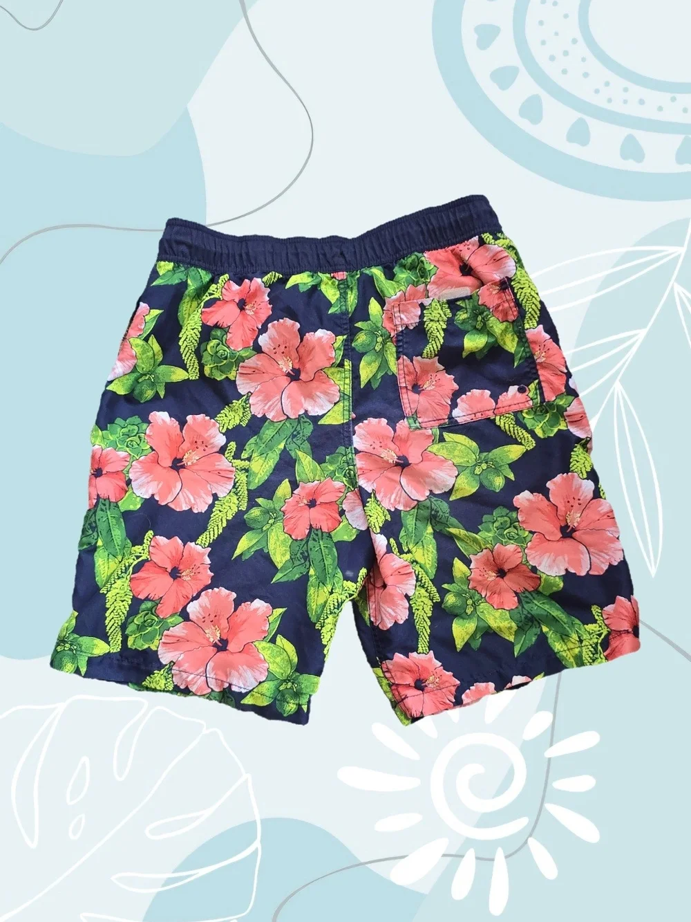 Men's Navy Floral Swim Trunks with Pink Hibiscus Print